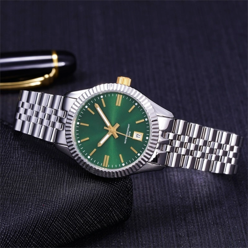 Vdear Simple Minimal Stylish Women Watch Customized Silver Steel Band Green Dial Calendar Luminous Waterproof Watch 1