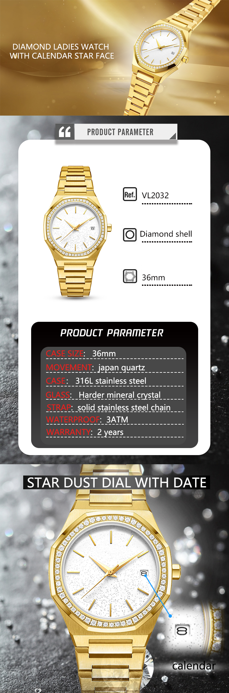 VDEAR - Original New Design Custom Watch Case Moissanite Watch Luxury Diamond Ladies Watches With Diamond Lady Watch 9