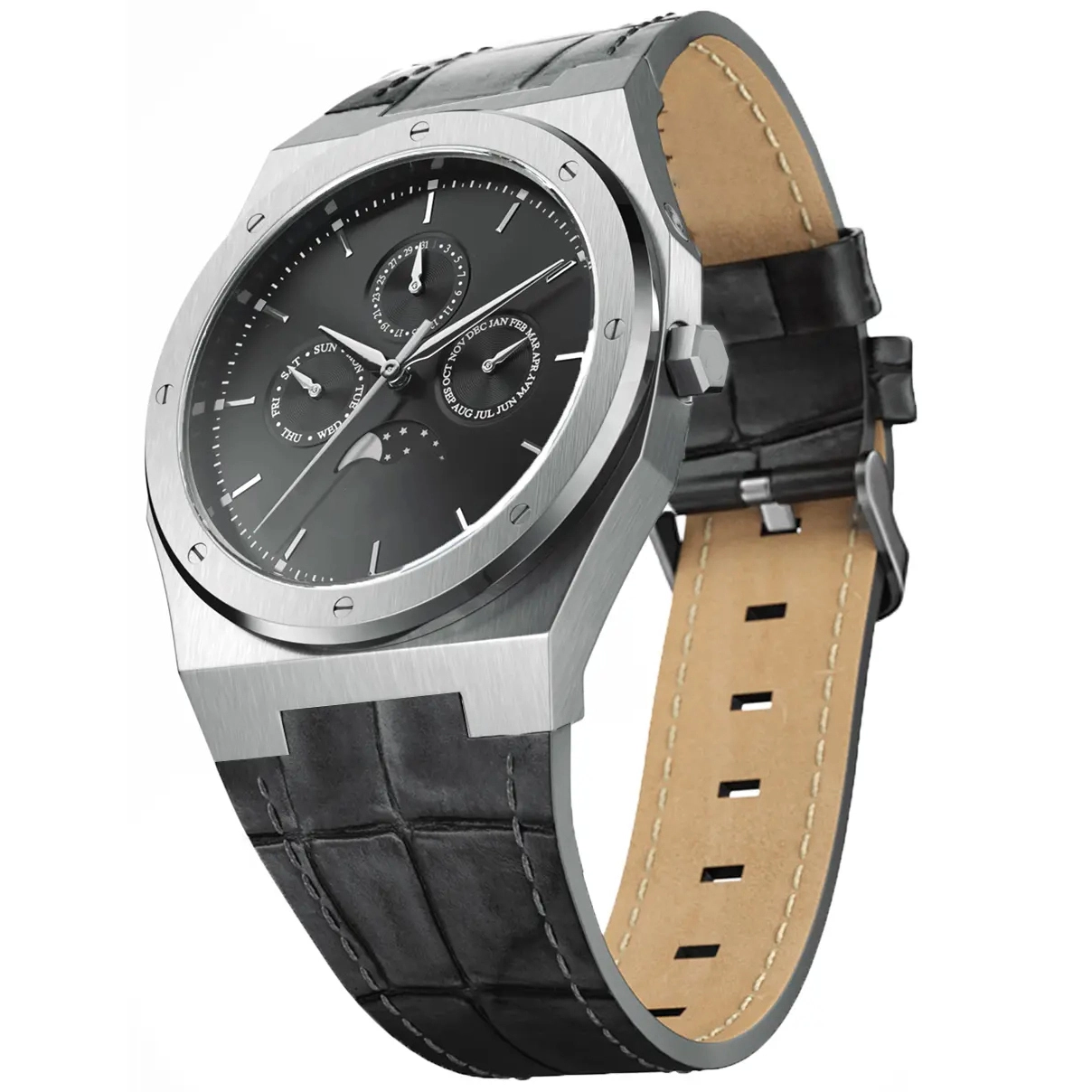 Vdear Moon Phase Chronograph Watch Custom Logo Leather Band Luxury Mechanical Automatic Wrist Watch For Men 1