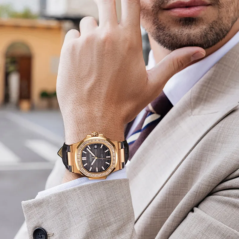 Automatic Hand Watch - VDEAR Men's Diamond Leather Calendar 50m Waterproof 5