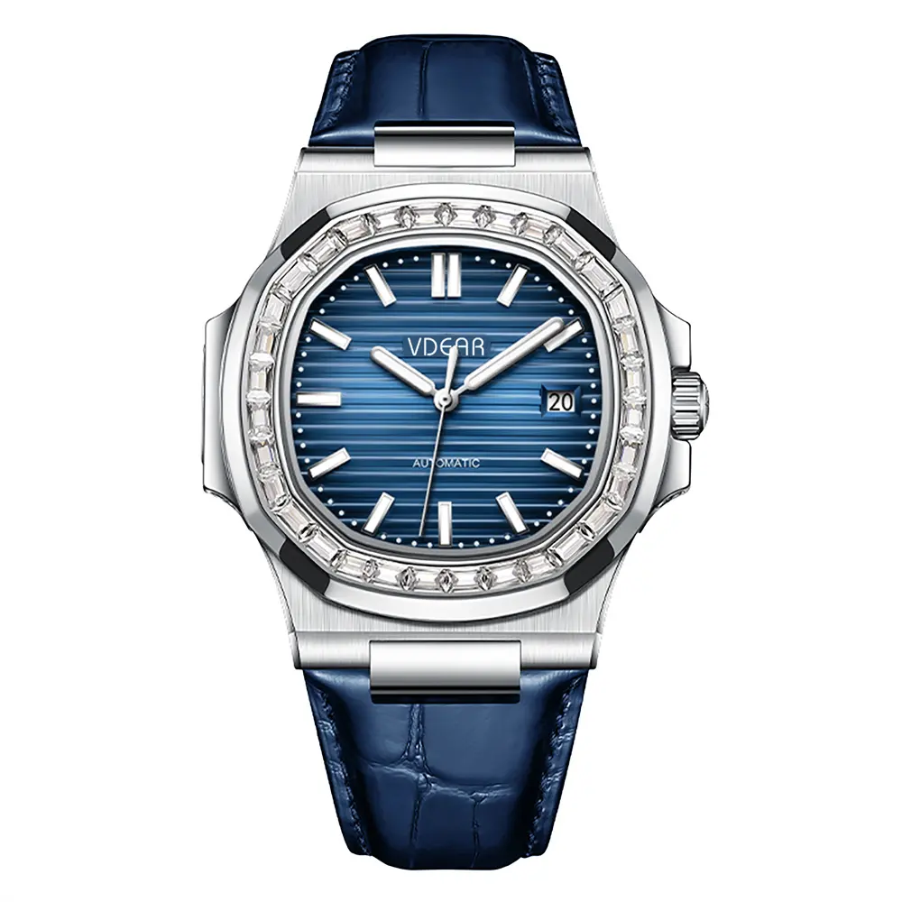 Automatic Hand Watch - VDEAR Men's Diamond Leather Calendar 50m Waterproof 4