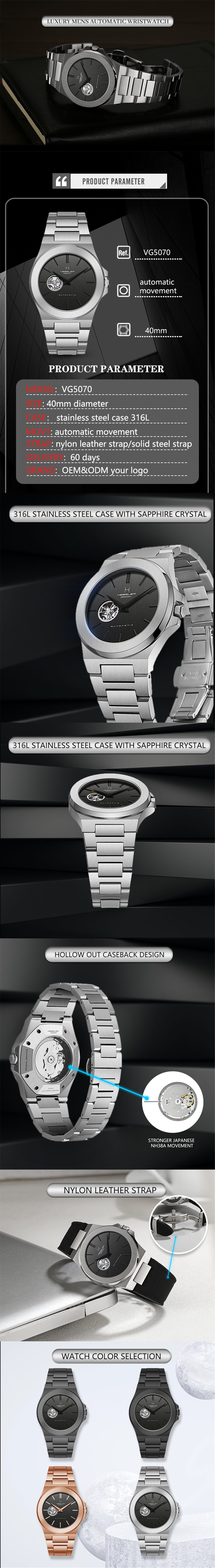 Vdear Hollow Mechanical Tourbillon Watch Customized 316 Silver Steel Strap Casual Waterproof Automatic Watches 8