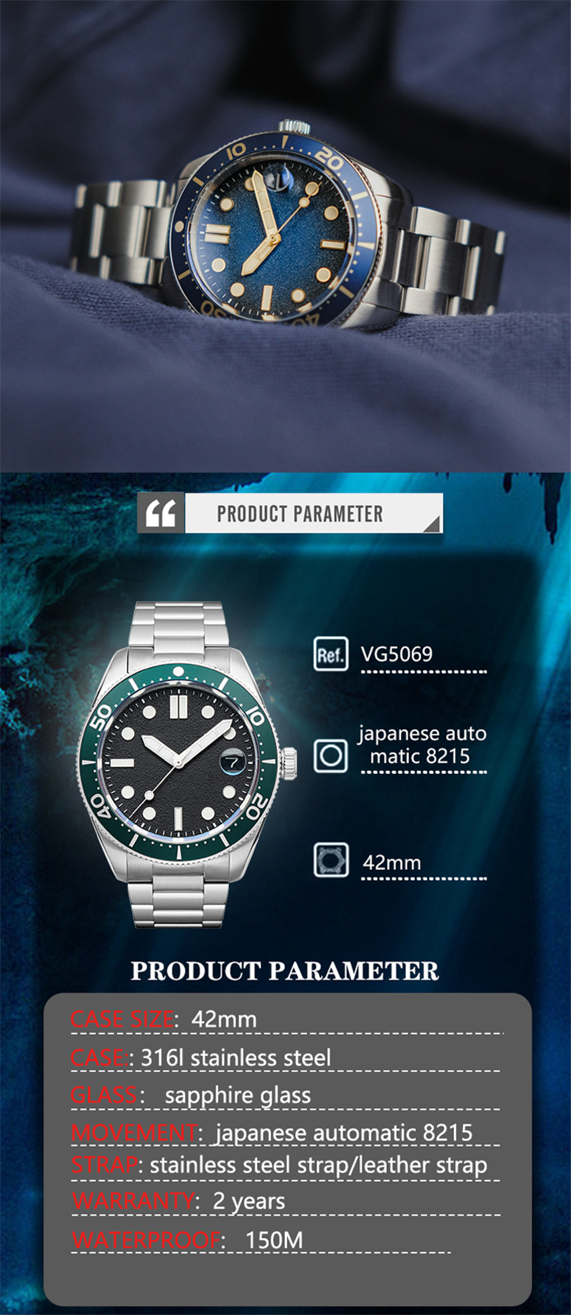 Vdear Frosted Style Face Dive Watch Red And Blue Patchwork Color Bezel Black Leather Belt Waterproof Luminous Watch 8