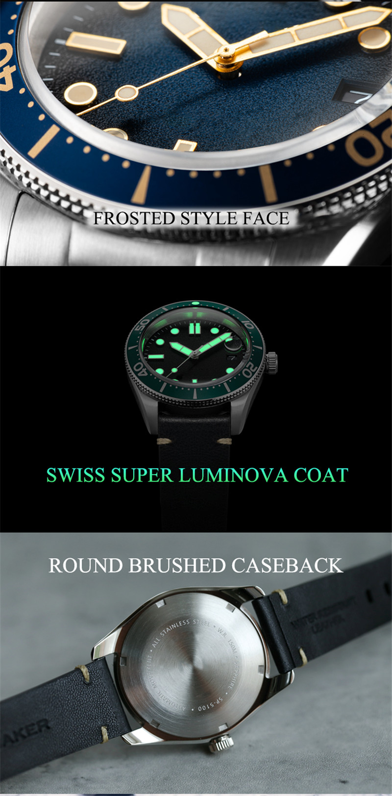 Vdear Frosted Style Face Dive Watch Red And Blue Patchwork Color Bezel Black Leather Belt Waterproof Luminous Watch 10