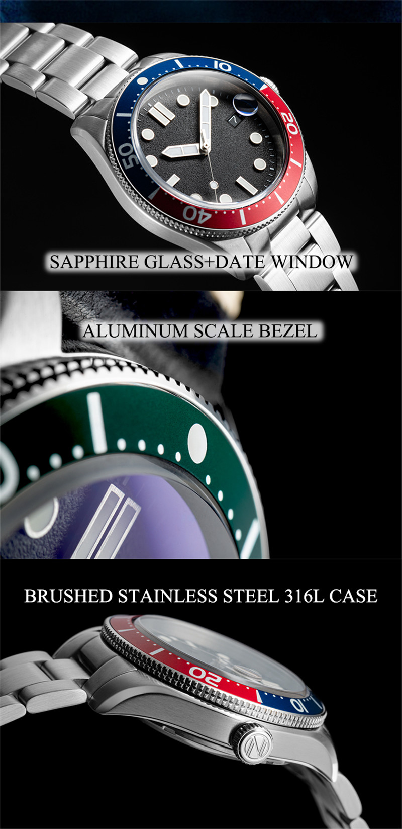 Vdear Frosted Style Face Dive Watch Red And Blue Patchwork Color Bezel Black Leather Belt Waterproof Luminous Watch 9