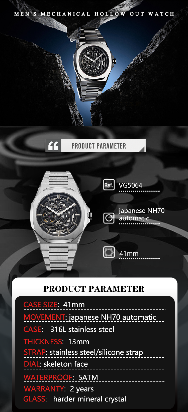 VDEAR - Design Own Logo Luxury Wristwatches Stainless Steel Custom Skeleton Watch Automatic New Arrival 9