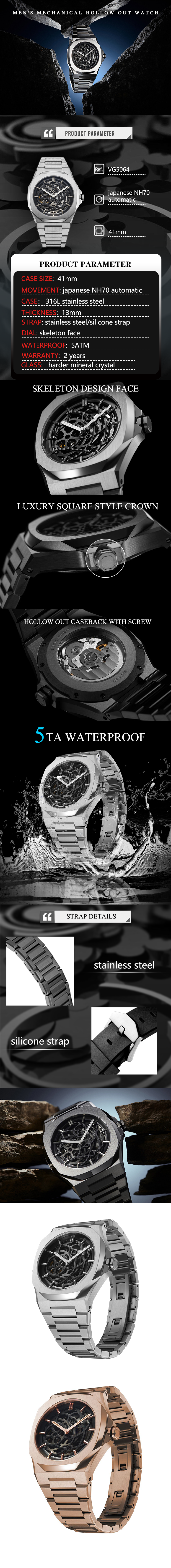 Vdear Men Automatic Skeleton Watches Gun Colored Silicon With Rose Gold Shell Ultra Transparent Hollow Mechanical Watch 10