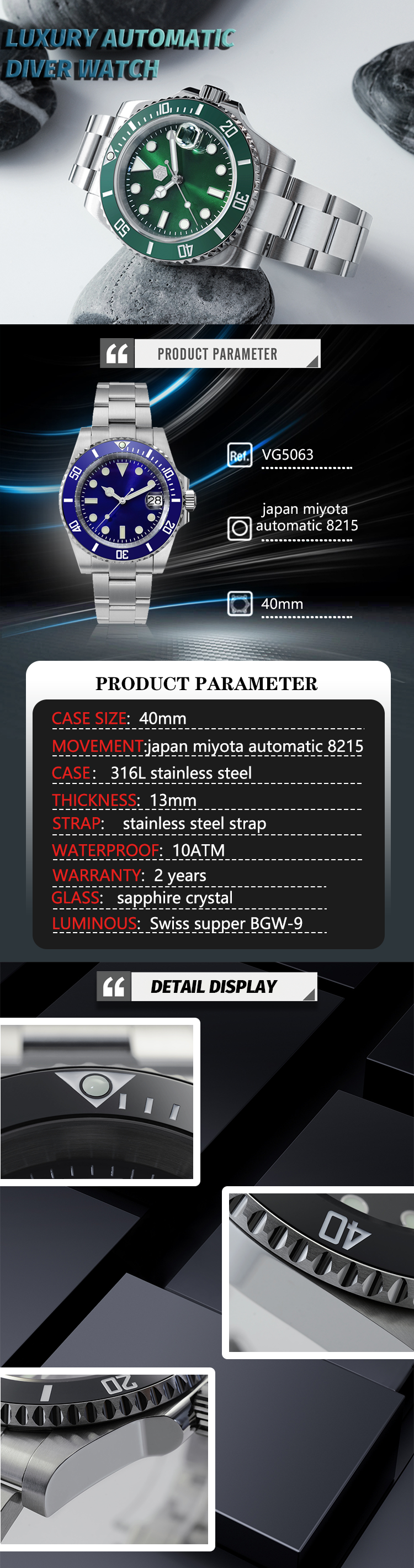 VDEAR - OEM Top Quality Sapphire Crystal 10atm Waterproof  Movement Watch For Men 9