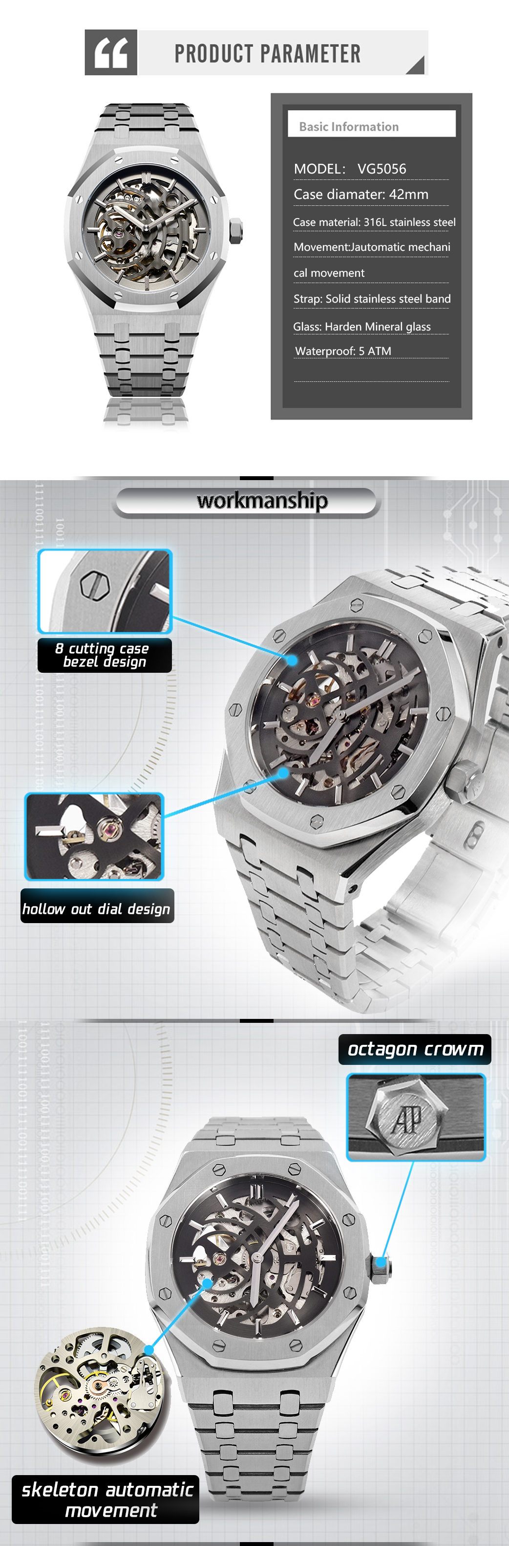 VDEAR - Customize Face Stainless Steel Strap Tourbillon Quality Luxery Watch Skeleton Men Mechanical Wrist Watch Movement New Arrival 10