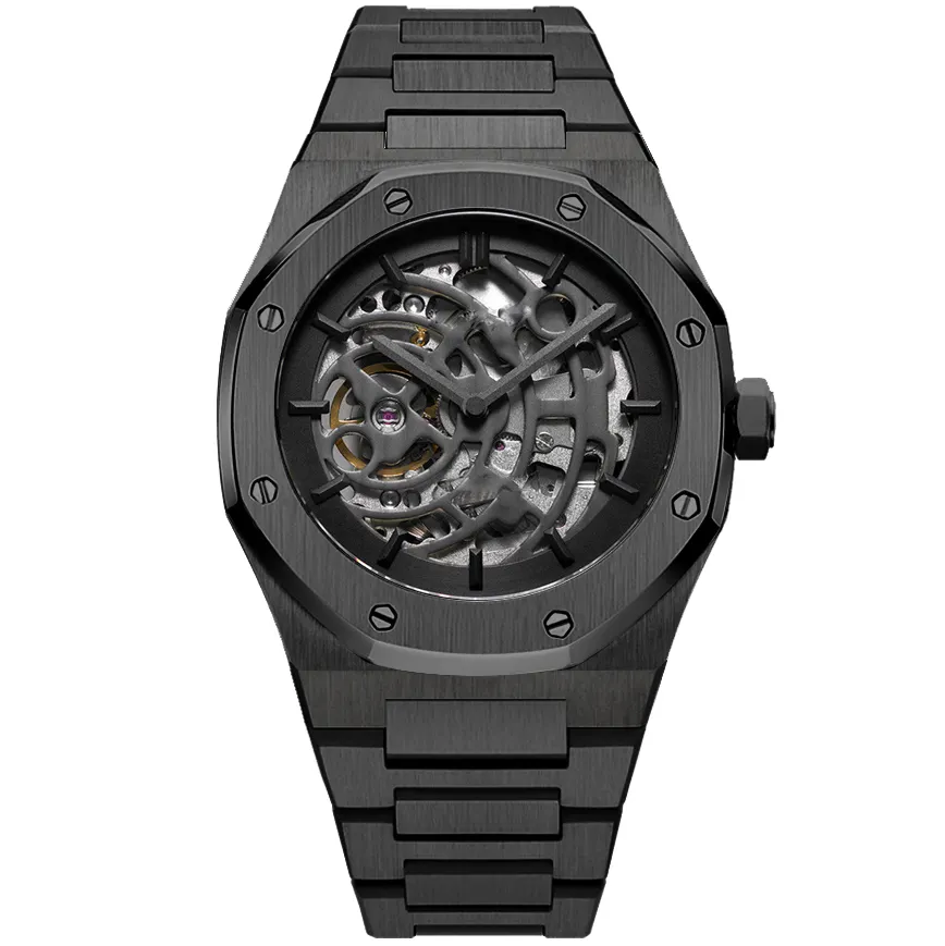 Gun Color Skeleton Mechanical Watch - VDEAR Steel Strap - Customizable Quality 2