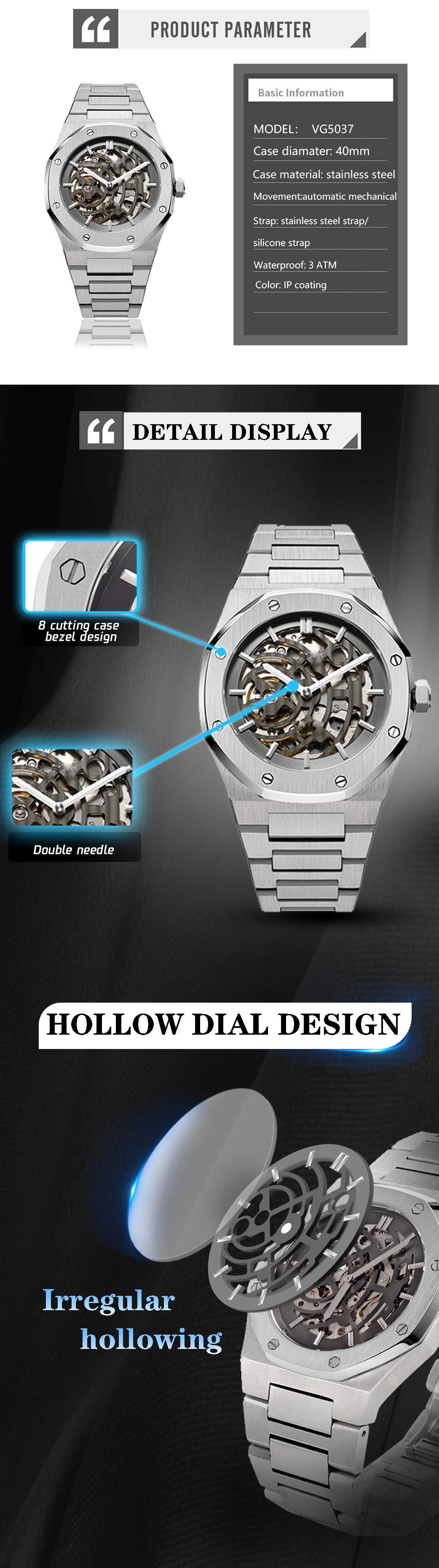 VDEAR - 2021 Create your own brand skeleton watches automatic men luxury mechanical movement 50MOQ Custom Watch 9