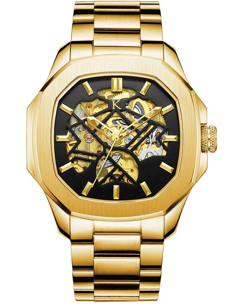 Vdear Gold Square Skeleton Watches Shell Gear Rotation Stainless Steel Belt Ultra Transparent Hollow Mechanical Watch 1