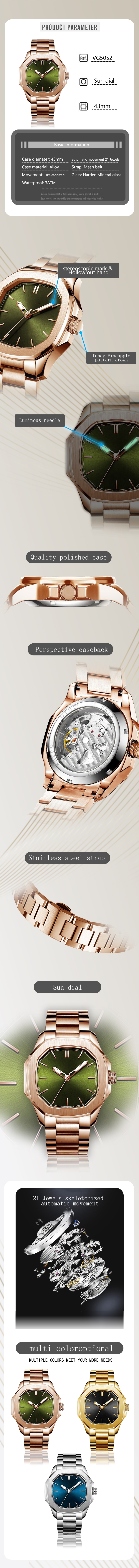 VDEAR Octagon Automatic Luxury Watch - Lumious Hands - Men's Watch 8