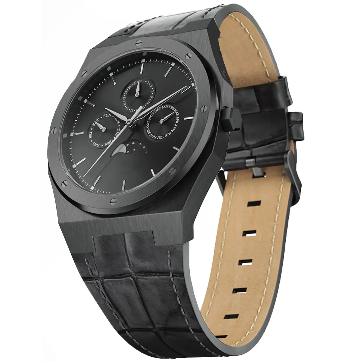 VDEAR - Orologi di lusso automatici meccanici OEM con fasi lunari, con etichetta privata e cinturino in pelle, orologi da polso da uomo neri 1