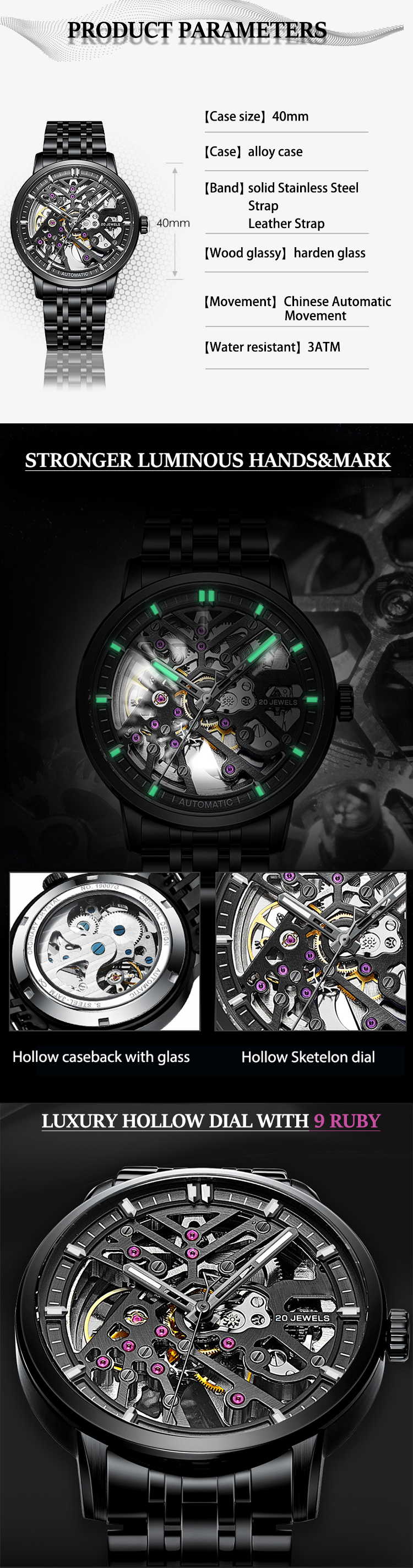 Black Transparent Hollow Waterproof Luxury Watch 8