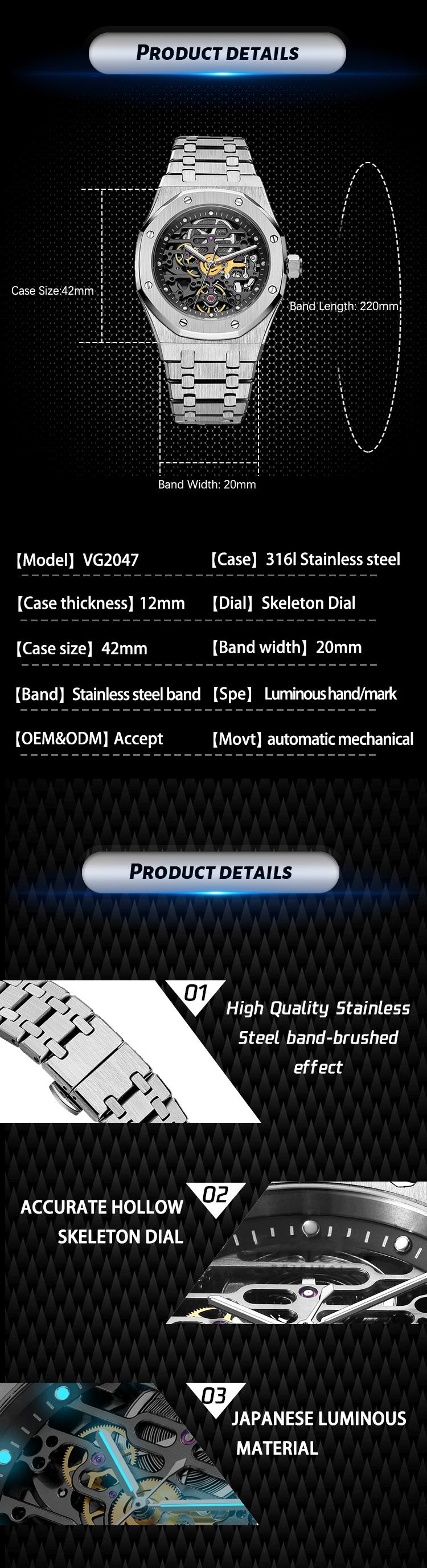 VDEAR - VDEAR Super High Quality Hangzhou Automatic Mechanical Movement 5Atm Stainles Steel Luxury Skeleton Watch Dial Customize New Arrival 11