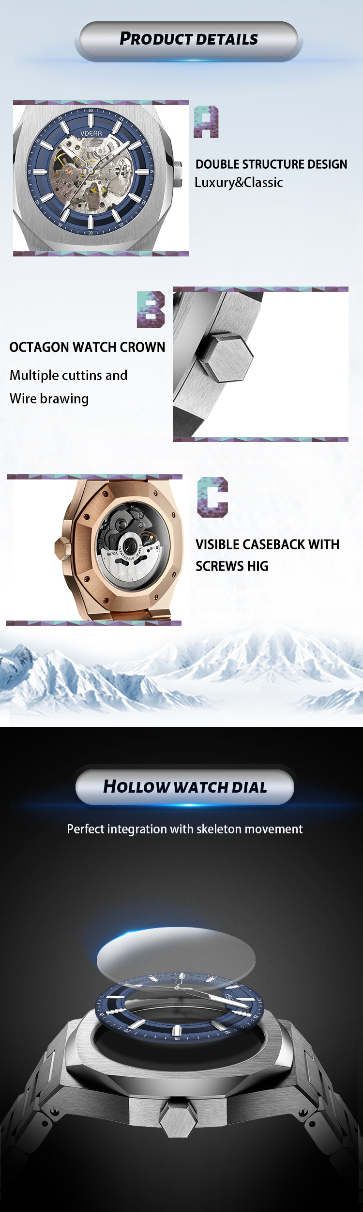 VDEAR Creative Skeleton Waterproof Business Casual Watch Luminous Waterproof Outdoors Personality Watch Manufacturer 9