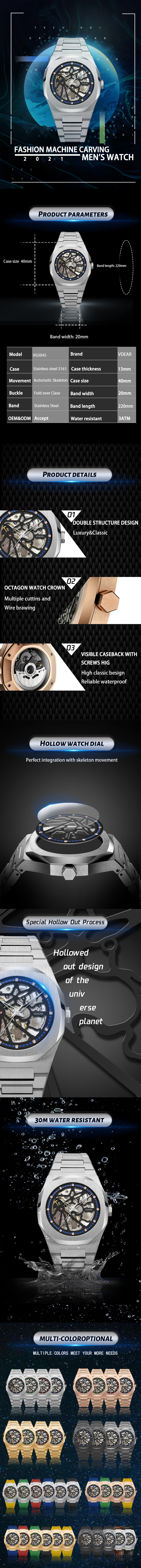 VDEAR Diamond Scale Men's Automatic Watch - Durable & Customizable 8