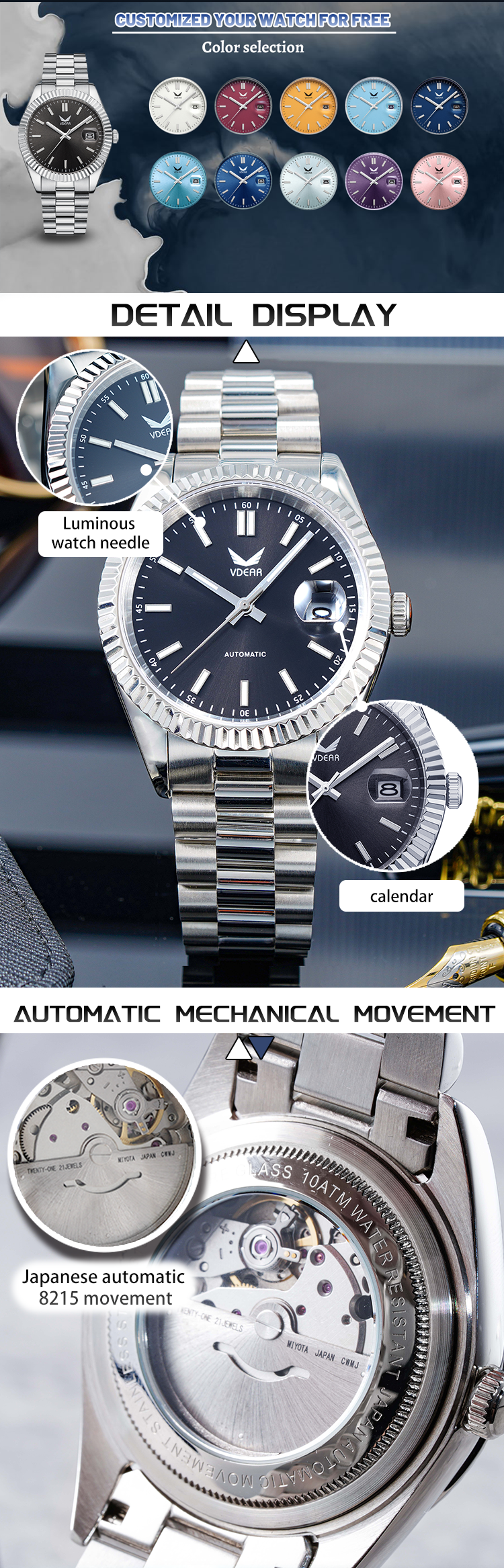 Customized Vintage Luminous Date Watch - Mechanical Watches for Sale 10