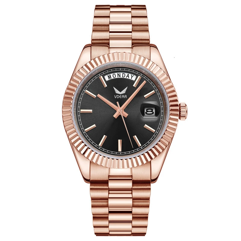 Reloj mecánico Vdear de acero, oro rosa, resistente al agua hasta 5 atm, esfera negra, calendario, movimiento visible, automático. 1