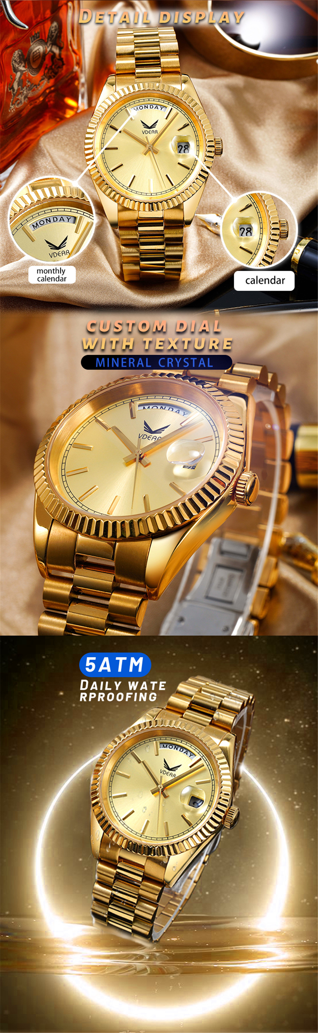 Reloj mecánico Vdear de acero, oro rosa, resistente al agua hasta 5 atm, esfera negra, calendario, movimiento visible, automático. 10