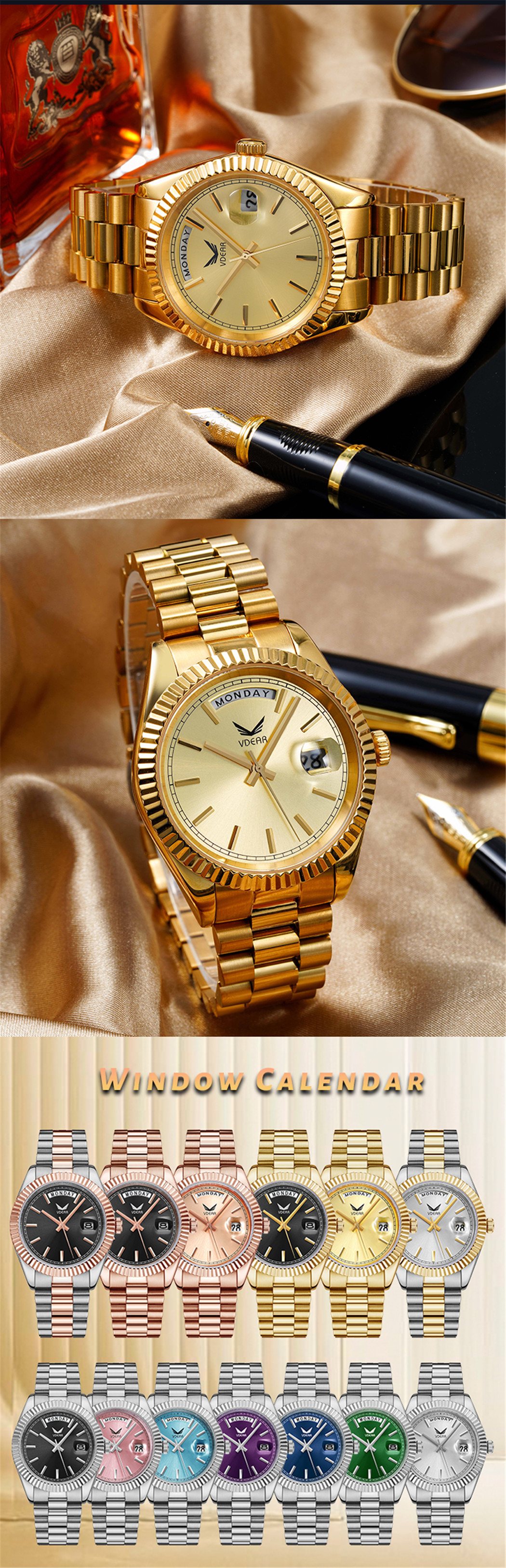 Reloj mecánico Vdear de acero, oro rosa, resistente al agua hasta 5 atm, esfera negra, calendario, movimiento visible, automático. 12