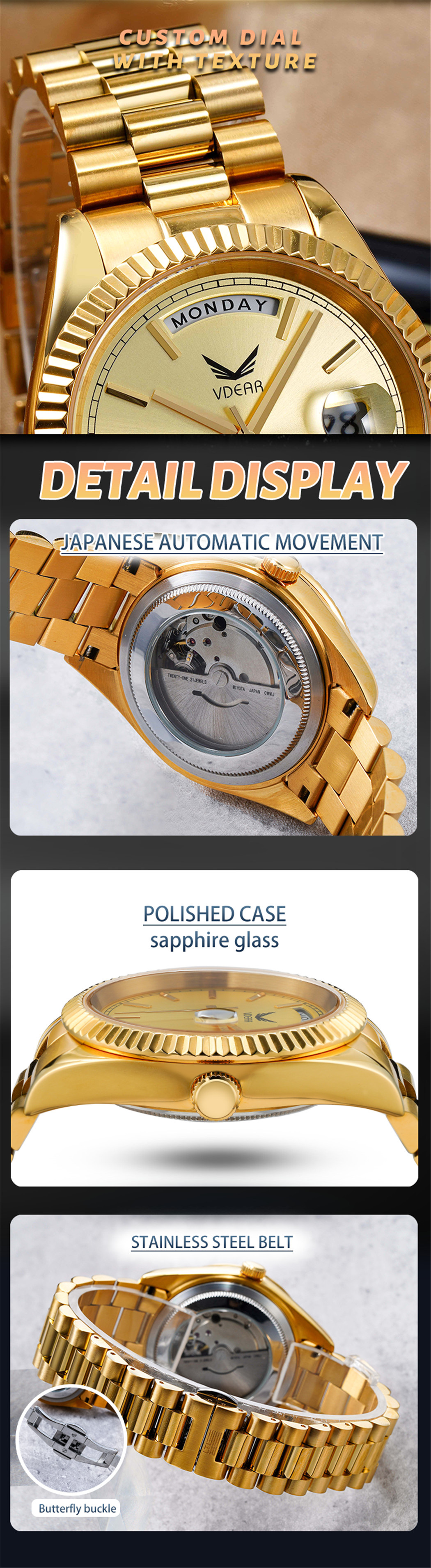 Reloj mecánico Vdear de acero, oro rosa, resistente al agua hasta 5 atm, esfera negra, calendario, movimiento visible, automático. 11