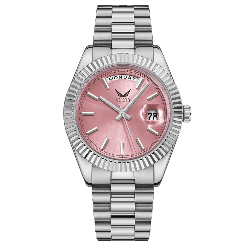 Vdear Individuell anpassbare mechanische Wochenkalenderuhr mit 316er Edelstahlarmband, rosa Zifferblatt und skelettiertem Uhrwerk 1