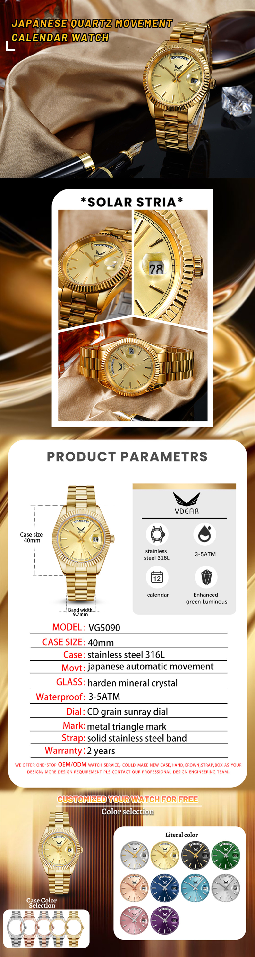 Vdear Individuell anpassbare mechanische Wochenkalenderuhr mit 316er Edelstahlarmband, rosa Zifferblatt und skelettiertem Uhrwerk 9