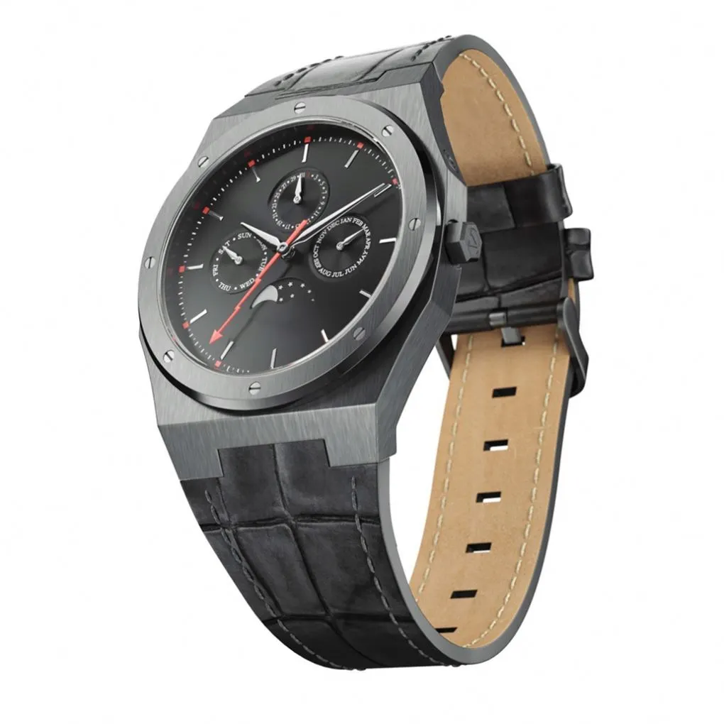 VDEAR - Orologio di lusso multifunzione con movimento al quarzo in acciaio inossidabile 316L di marca famosa, cinturino in pelle e altri 1