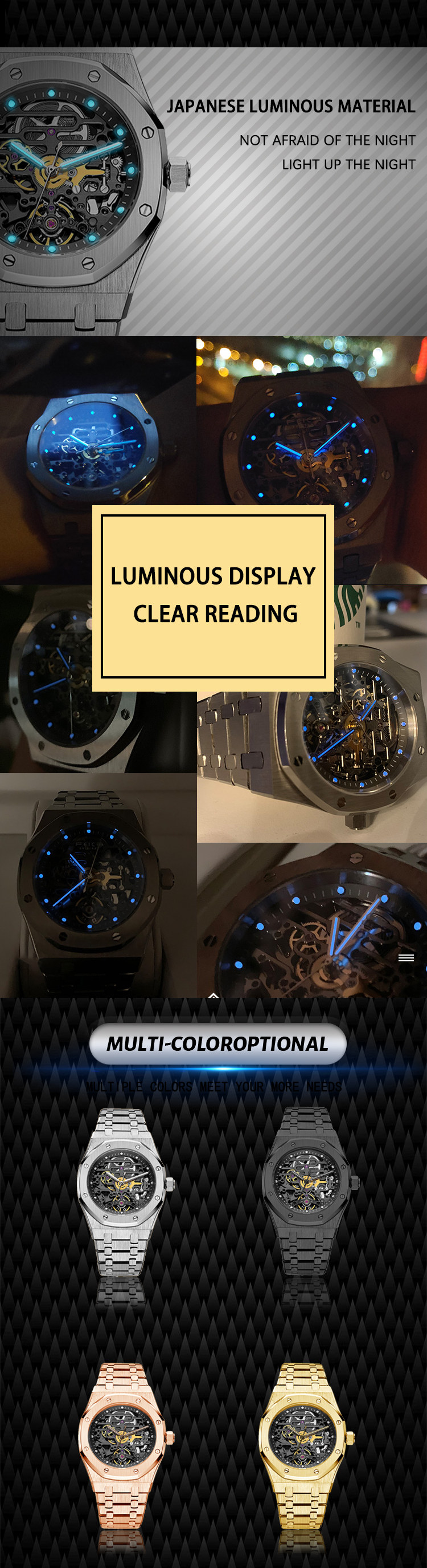 Vdear Mechanical Skeleton Watches Automatic Octagon Hollow Out Dial With Luminous Hands Watch Supplies 10