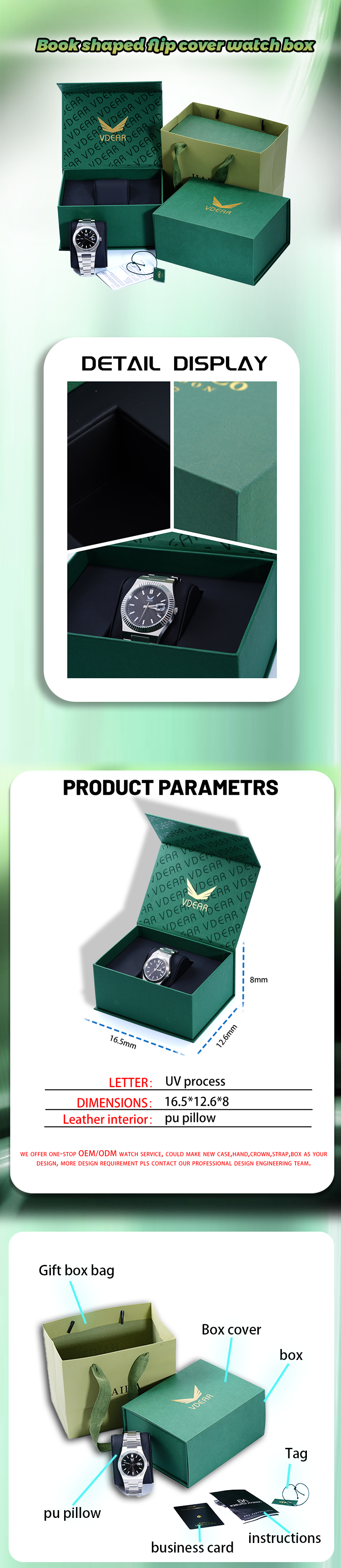 Vdear Book Shaped Flip Cover Green Watch Box Built In Invisible Magnet Horloge Doos 10