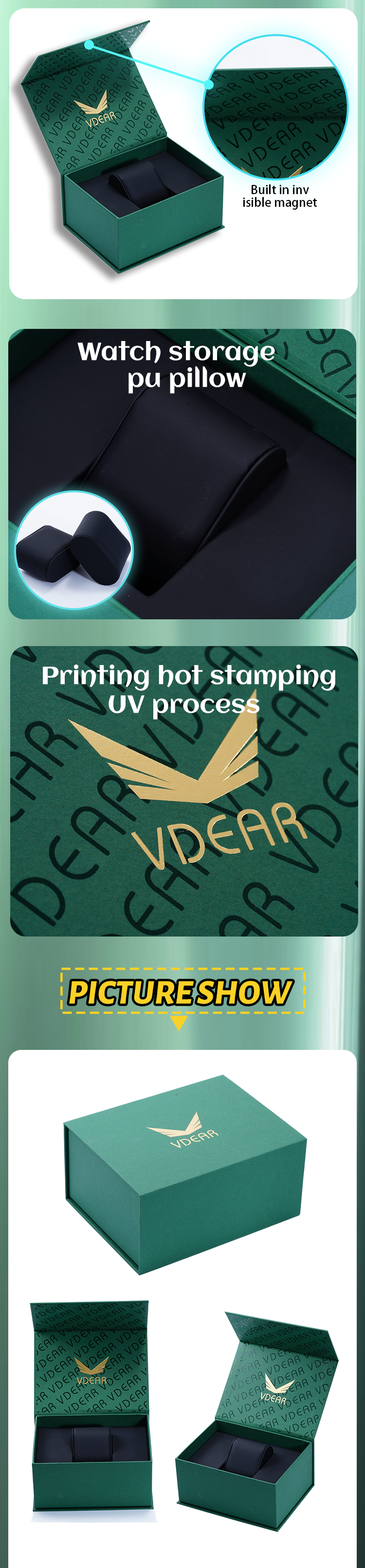 Vdear Book Shaped Flip Cover Green Watch Box Built In Invisible Magnet Horloge Doos 11