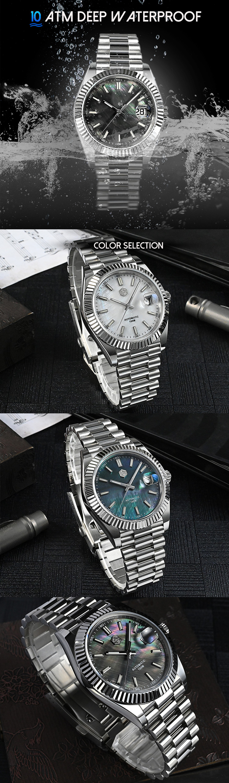 Vdear Automatische Taucheruhr mit Muschelzifferblatt, luxuriöse mechanische Armbanduhr mit Leuchtzeigern, 10 ATM wasserdicht, Firmenuhr 12