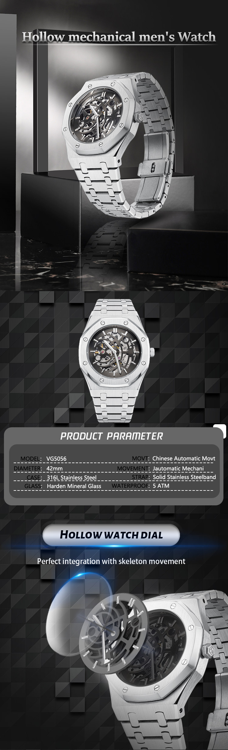 Vdear Skeleton Mens Watch Mechanical Watch Custom Luxury Automatic Watches For Men Manufacturer 9