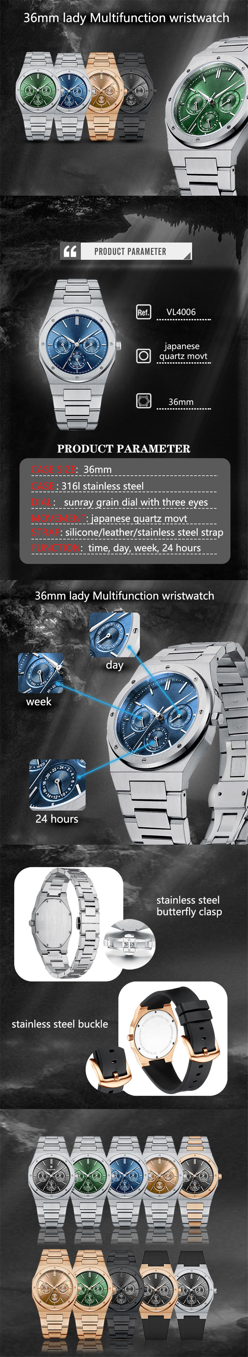 Vdear Women Multifunction Three Eye Dial Quartz Watch Chronograph Waterproof Calendar Watch 8