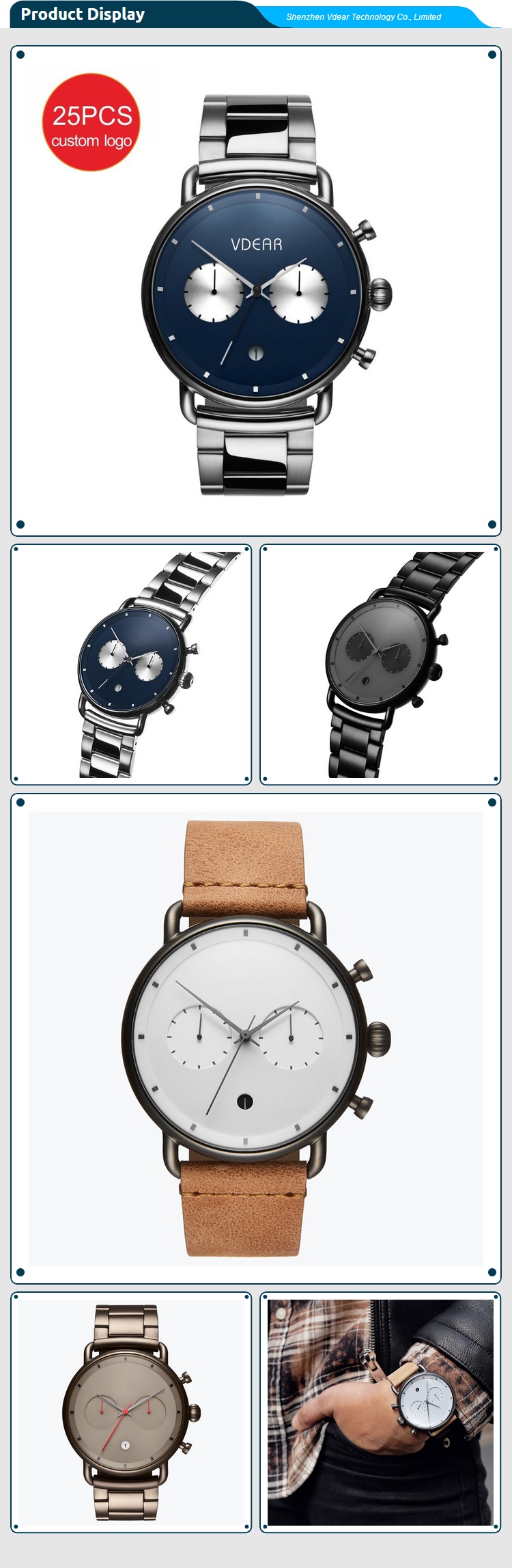 VDEAR - Montre chronographe chinoise étanche 3 ATM, mouvement à quartz japonais, fond en acier inoxydable, marque personnalisée, autres 11