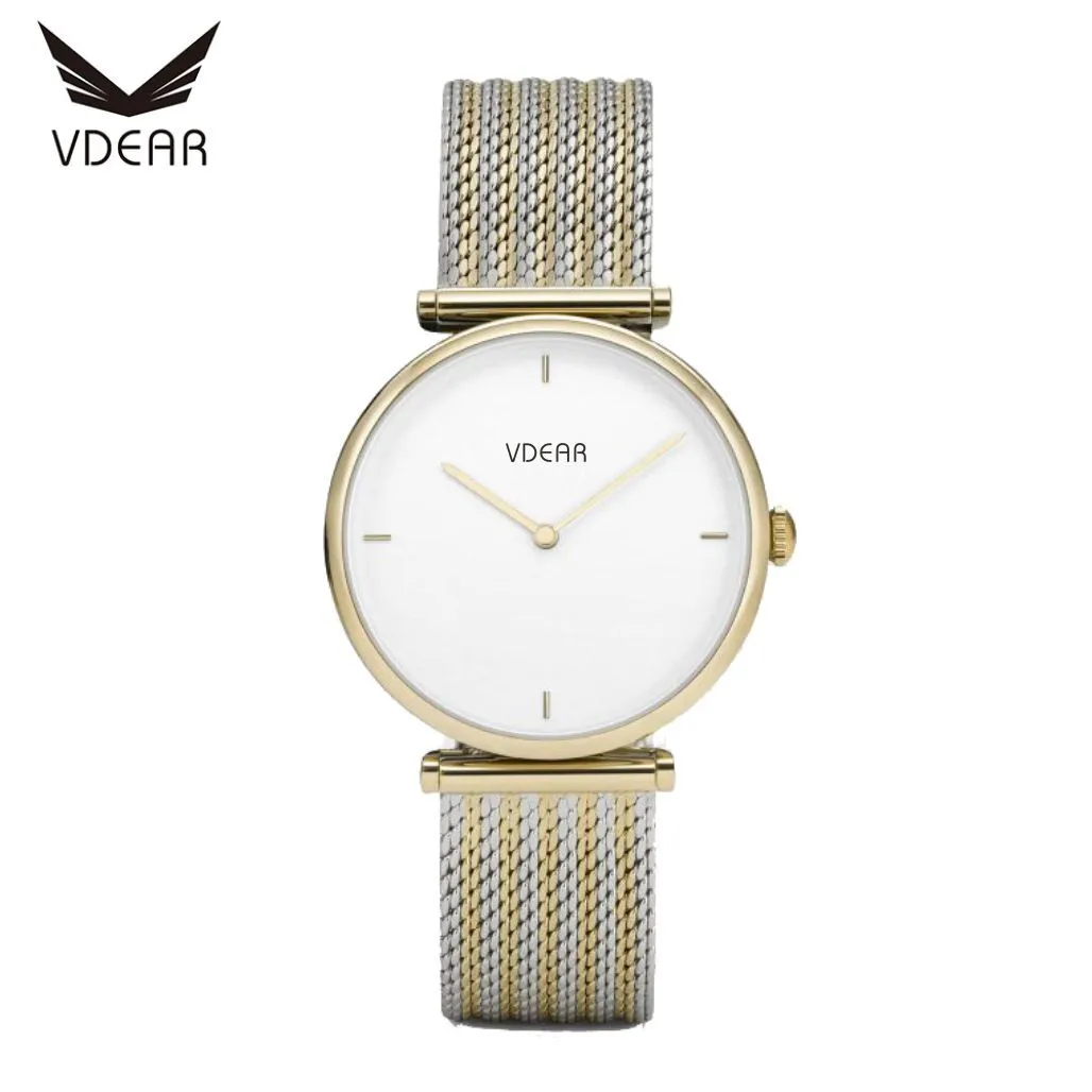 VDEAR - Horloge met meshband, minimalistisch, waterdicht, roestvrij staal, quartz polshorloge voor dames 1