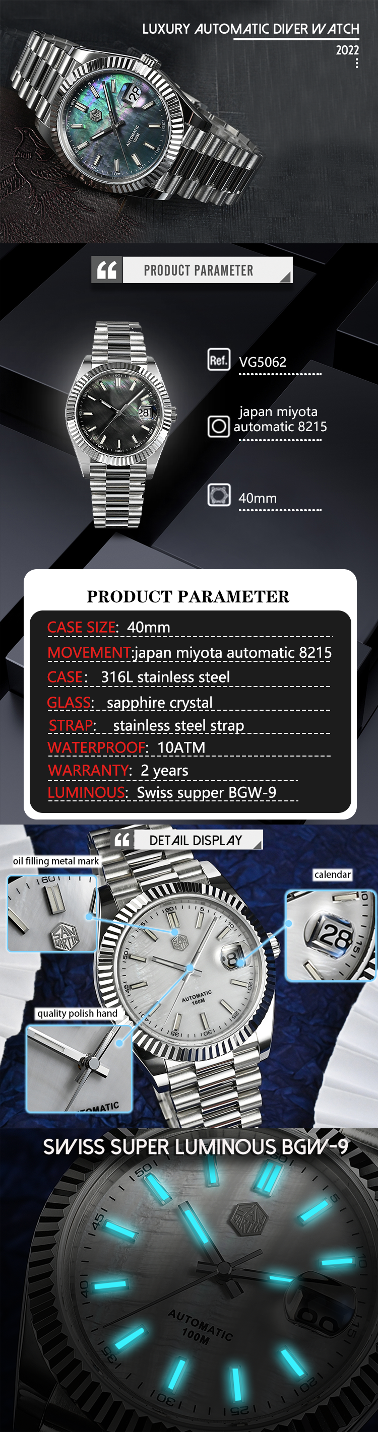 Design Luxury Brand Fashion Sapphire Crystal Custom Mens Diving Automatic Watch Winder Wrist Watches For Men