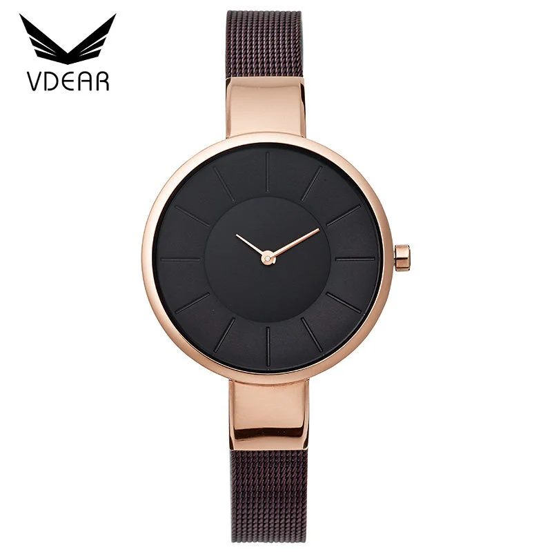 VDEAR - Low moq Coffee color mesh strap classic watch face custom minimalist steel watches for lady Lady Quartz Watch 1