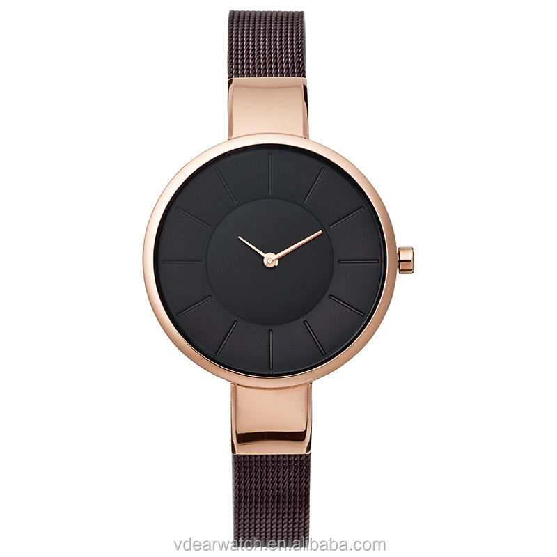 VDEAR - Low moq Coffee color mesh strap classic watch face custom minimalist steel watches for lady Lady Quartz Watch 13