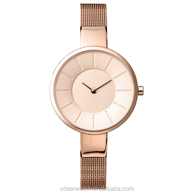 VDEAR - Low moq Coffee color mesh strap classic watch face custom minimalist steel watches for lady Lady Quartz Watch 9