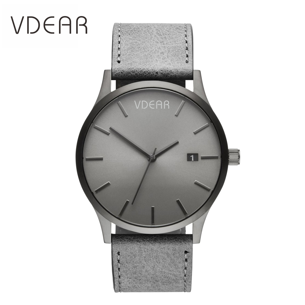 VDEAR - Grey dial High quality leather band minimalist mens hand wrist watch wristwatches Stainless Steel Style 1