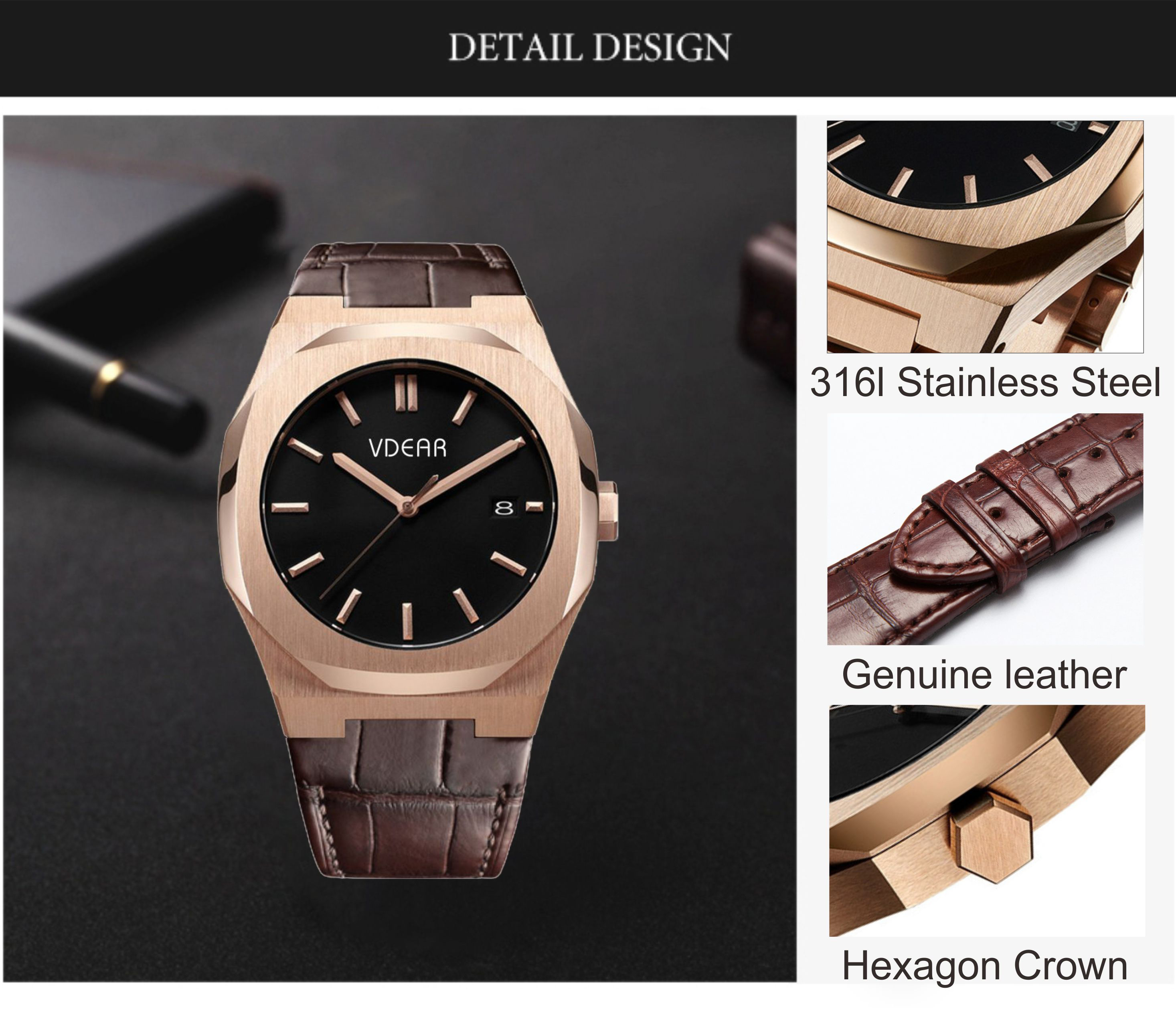 VDEAR - Top Quality Stainless Steel Back Own Brand Custom Japan Movt Watch Men Simple others 12