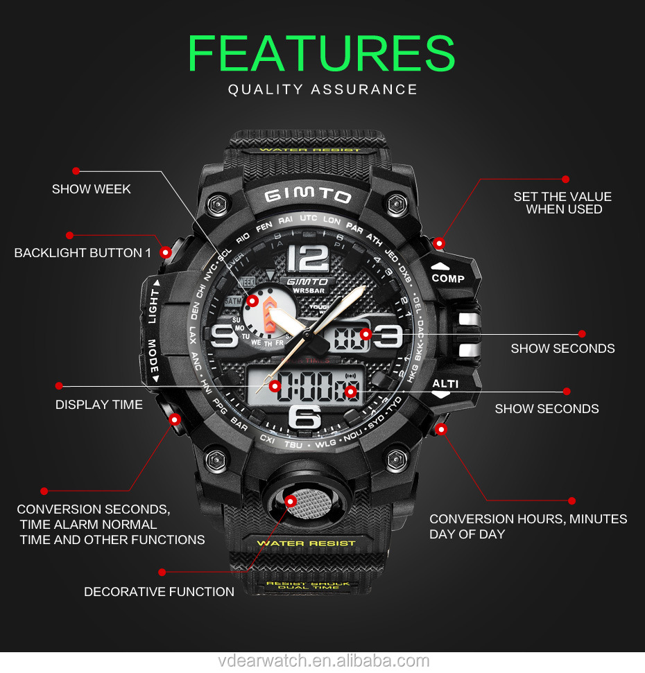 VDEAR - Out door army style multiple time zone technology men sport watch analog digital wrist watch others 10