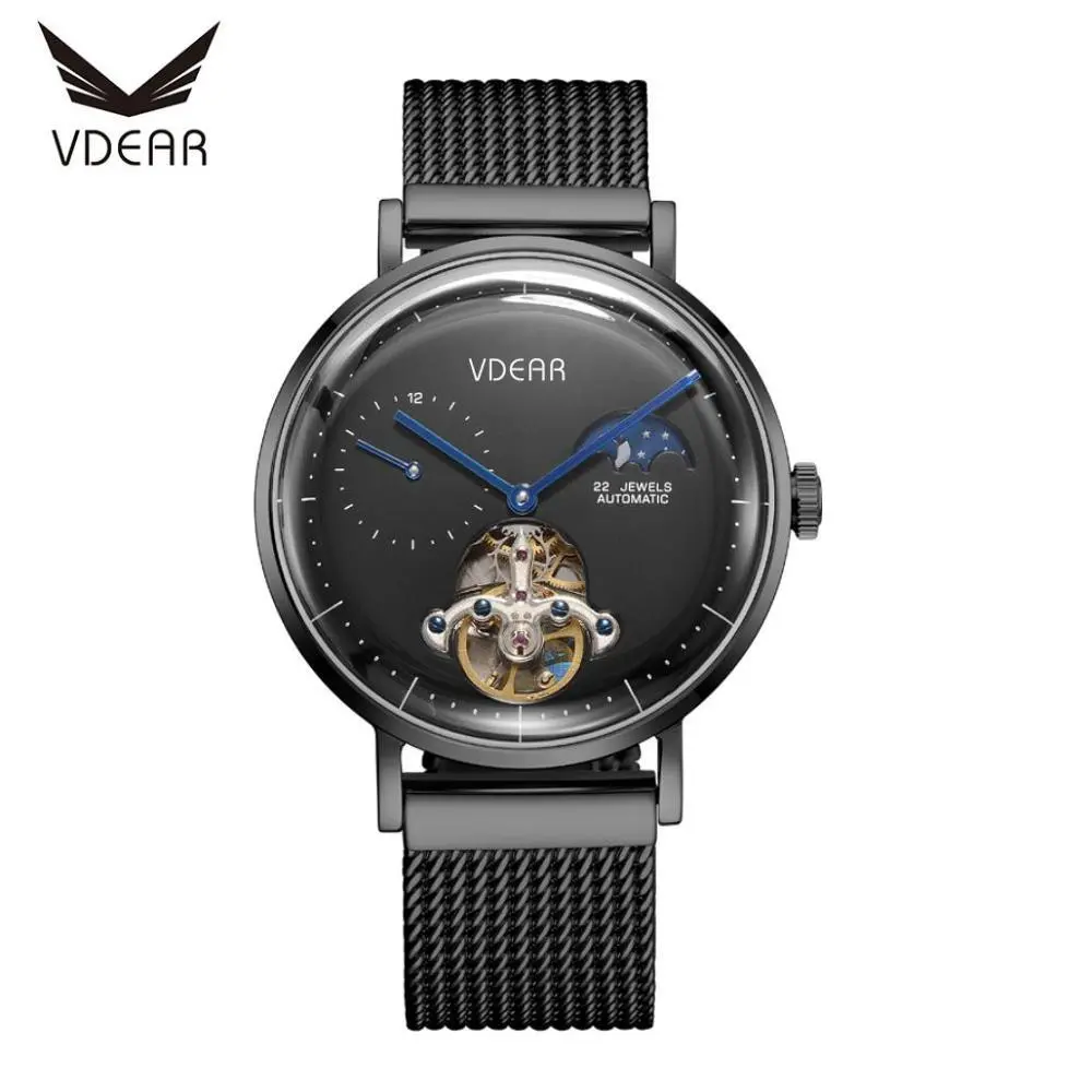 VDEAR - Nuovo orologio da uomo automatico con logo personalizzato, impermeabile 3 ATM, cinturino in acciaio e fasi lunari 1