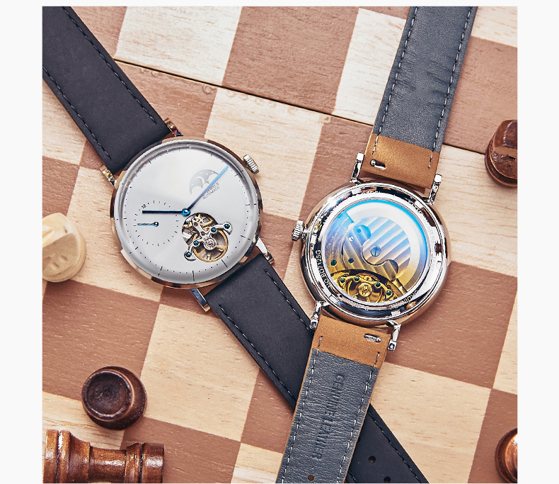 VDEAR - Nuovo orologio da uomo automatico con logo personalizzato, impermeabile 3 ATM, cinturino in acciaio e fasi lunari 10