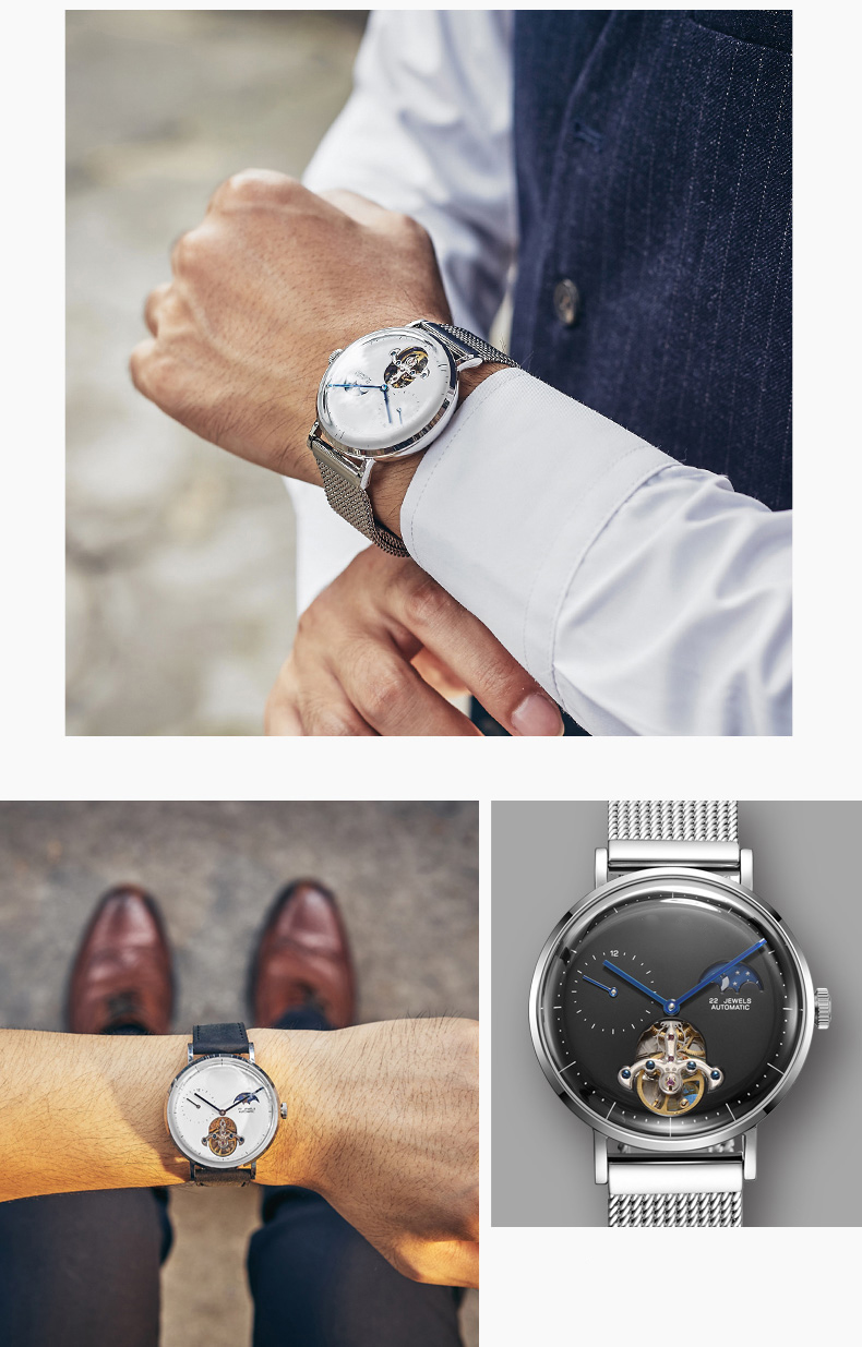 VDEAR - Nuovo orologio da uomo automatico con logo personalizzato, impermeabile 3 ATM, cinturino in acciaio e fasi lunari 14