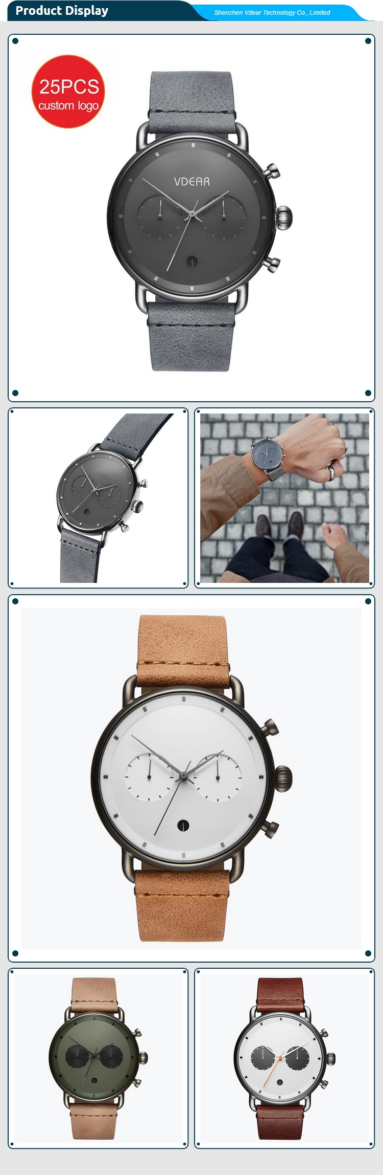 VDEAR - Montres de luxe chronographes à mouvement quartz japonais en cuir, personnalisables avec votre logo. 14