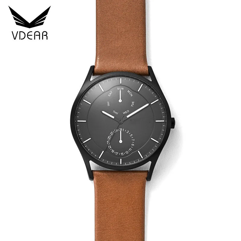 VDEAR - Black dial own label workable two eyes watch oem chronograph stainless steel leather strap quartz watch sr626sw others 1